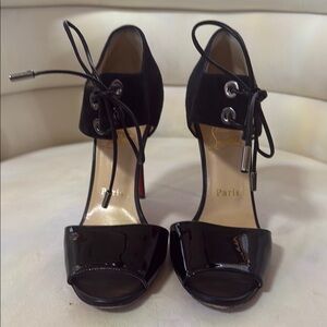 Christian Louboutin Black Patent Leather Heels with Peep-Toe Design